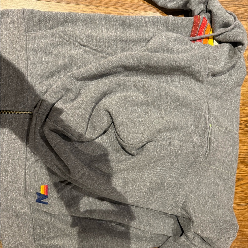Aviator Nation Gray Zip Hoodie with Retro Yellow Orange red white stripes - Picture 14 of 14